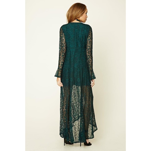 Green V Neckline Lace Overlay Bell Sleeve Homecoming Prom Dress spring time - Picture 2 of 7